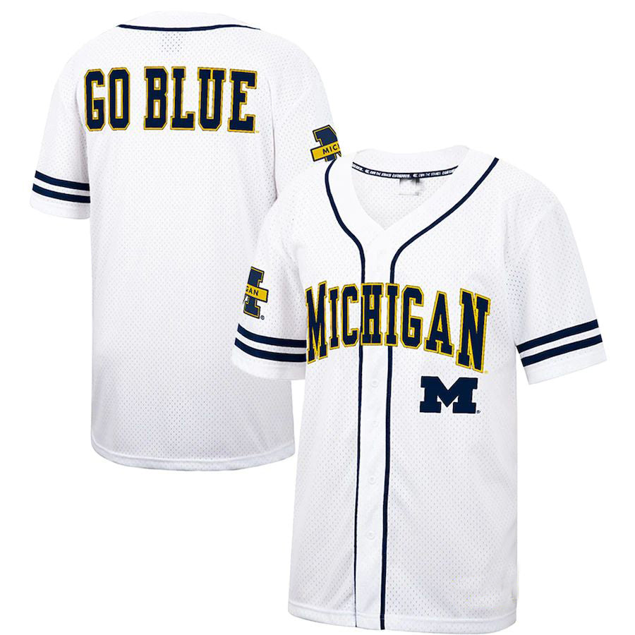 M.Wolverines Colosseum Free Spirited Baseball Jersey White Navy Stitched American College Jerseys - Main View