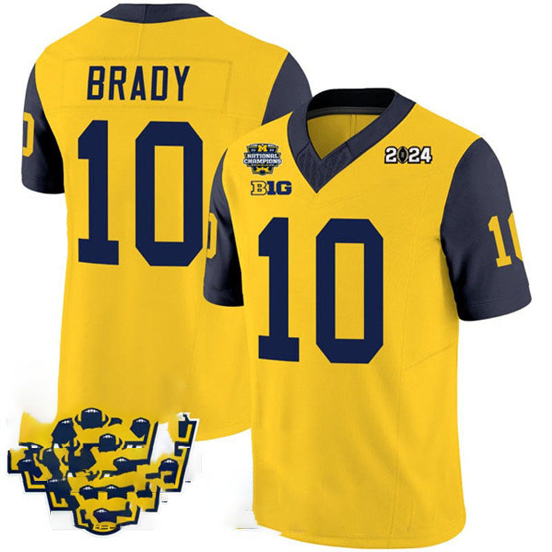 Michigan Wolverines #10 Tom Brady Yellow Navy 2024 F.U.S.E. With 2023 National Champions Patch Stitched Jersey College Jerseys - Main View