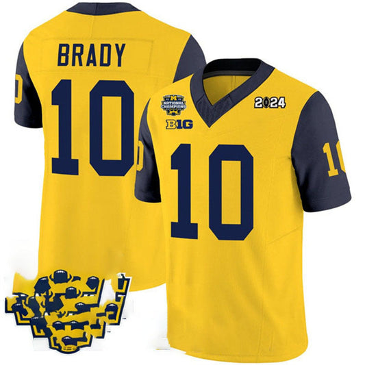 Michigan Wolverines #10 Tom Brady Yellow Navy 2024 F.U.S.E. With 2023 National Champions Patch Stitched Jersey College Jerseys - Main View