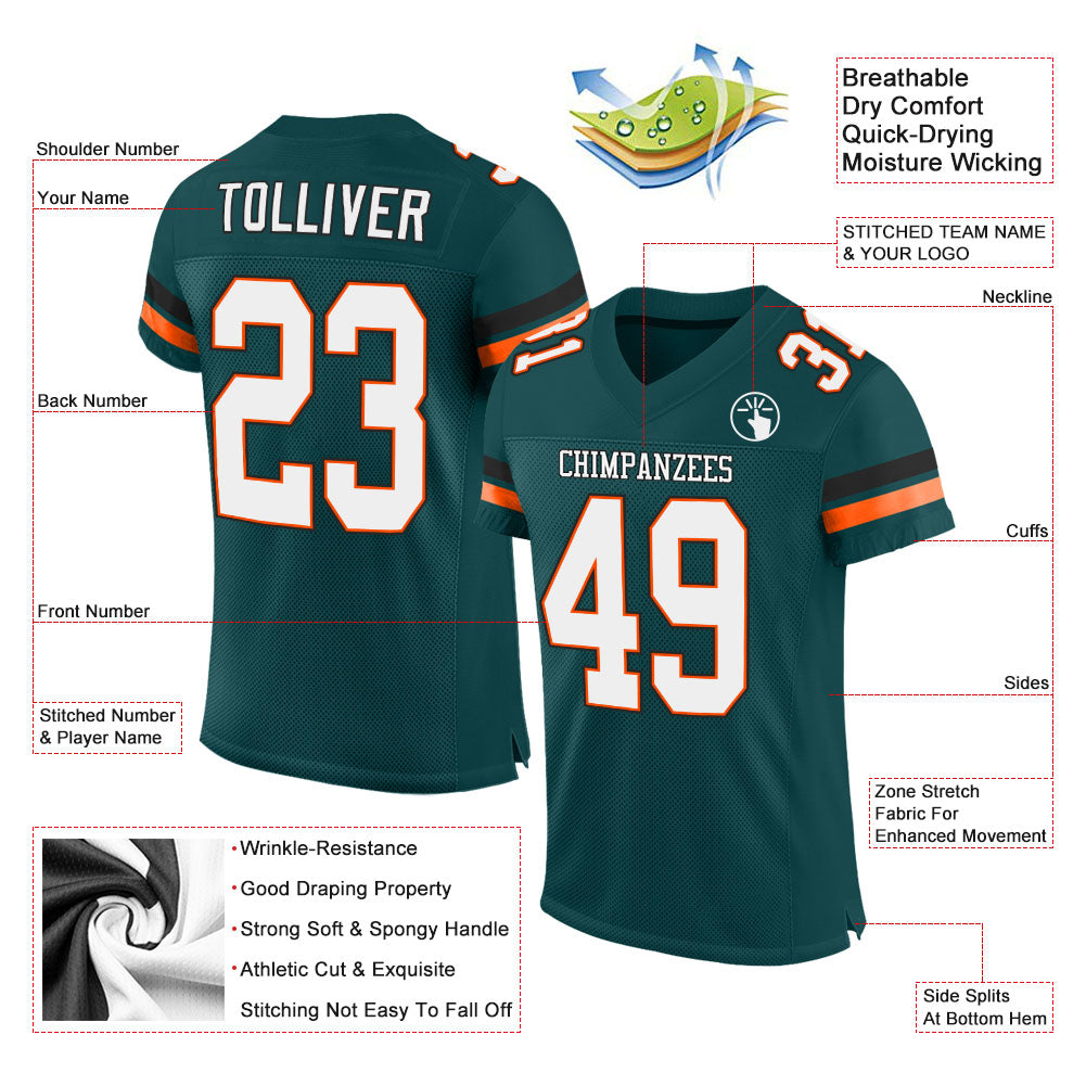 Custom Midnight Green White-Orange Mesh Authentic Football Jersey view 2