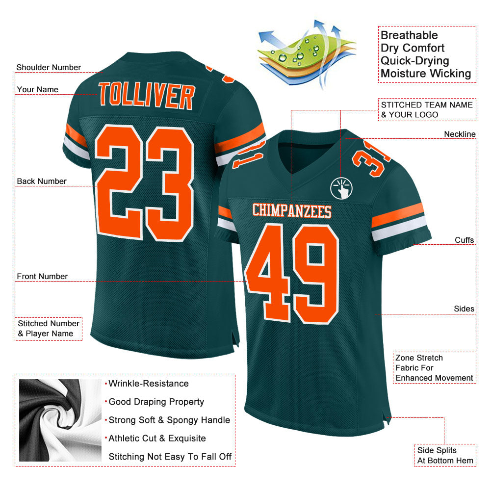 Custom Midnight Green Orange-White Mesh Authentic Football Jersey view 2
