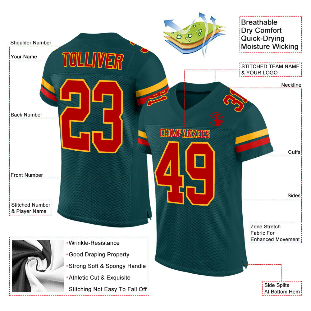 Custom Midnight Green Red-Gold Mesh Authentic Football Jersey view 2