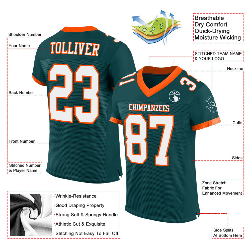 Custom Midnight Green White-Orange Mesh Authentic Football Jersey view 2