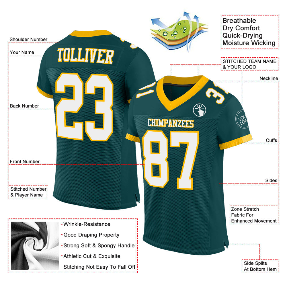 Custom Midnight Green White-Gold Mesh Authentic Football Jersey view 2