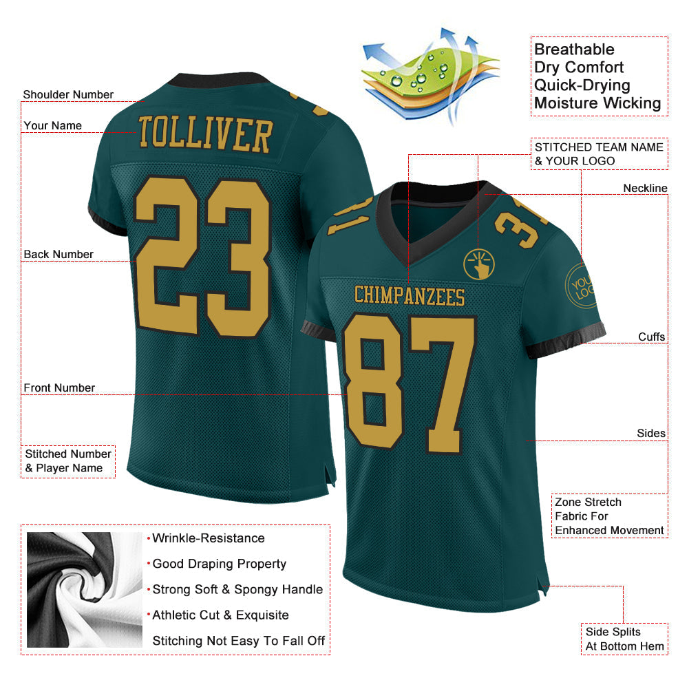Custom Midnight Green Old Gold-Black Mesh Authentic Football Jersey view 2