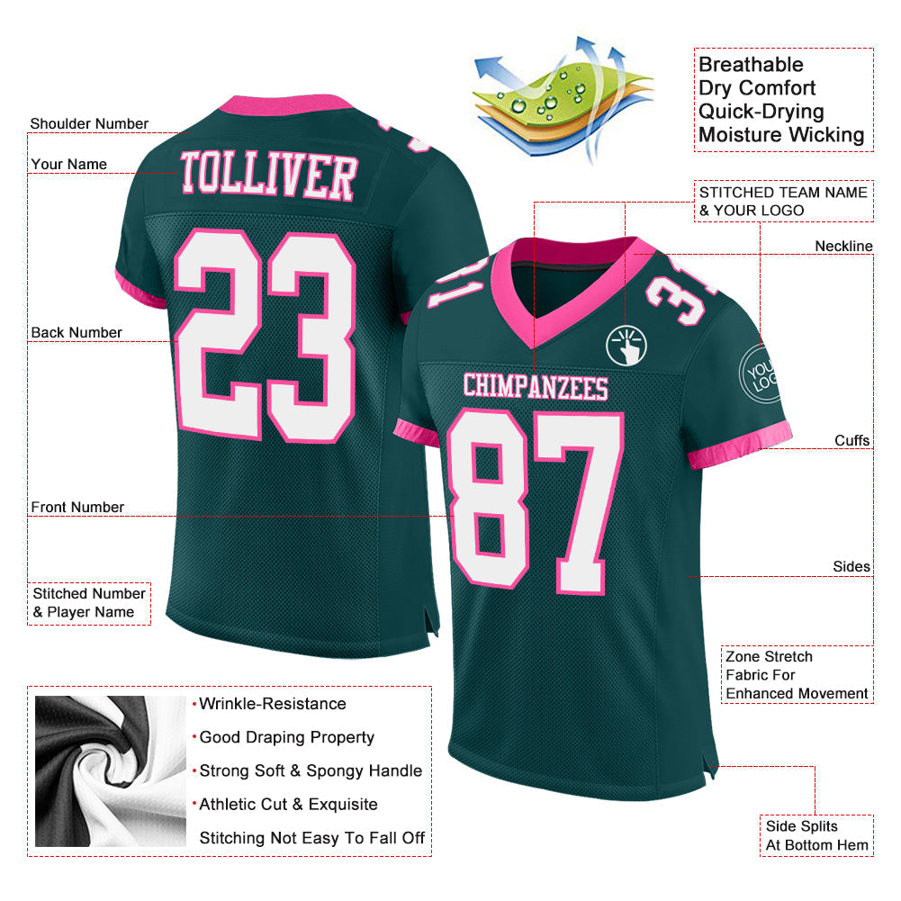 Custom Midnight Green White-Pink Mesh Authentic Football Jersey view 2