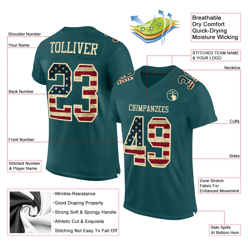 Custom Midnight Green Vintage USA Flag-City Cream Mesh Authentic Football Jersey view 2