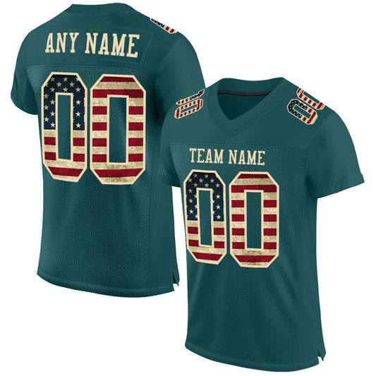 Custom Midnight Green Vintage USA Flag-City Cream Mesh Authentic Football Jersey - Main View
