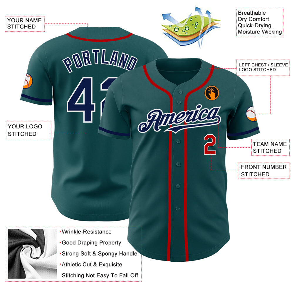 Custom Midnight Green Navy-Red Authentic Baseball Jersey view 3