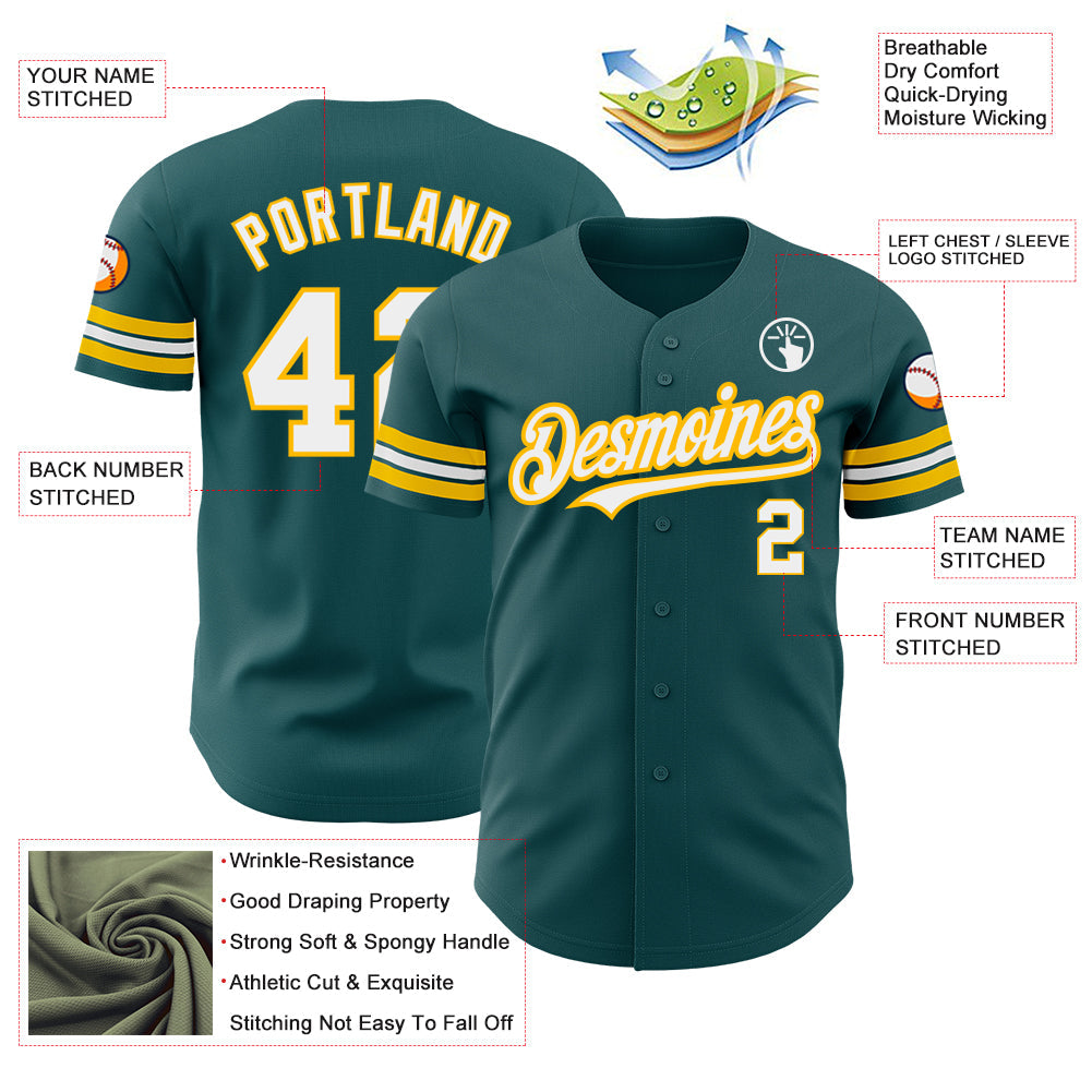 Custom Midnight Green White-Gold Authentic Baseball Jersey view 3