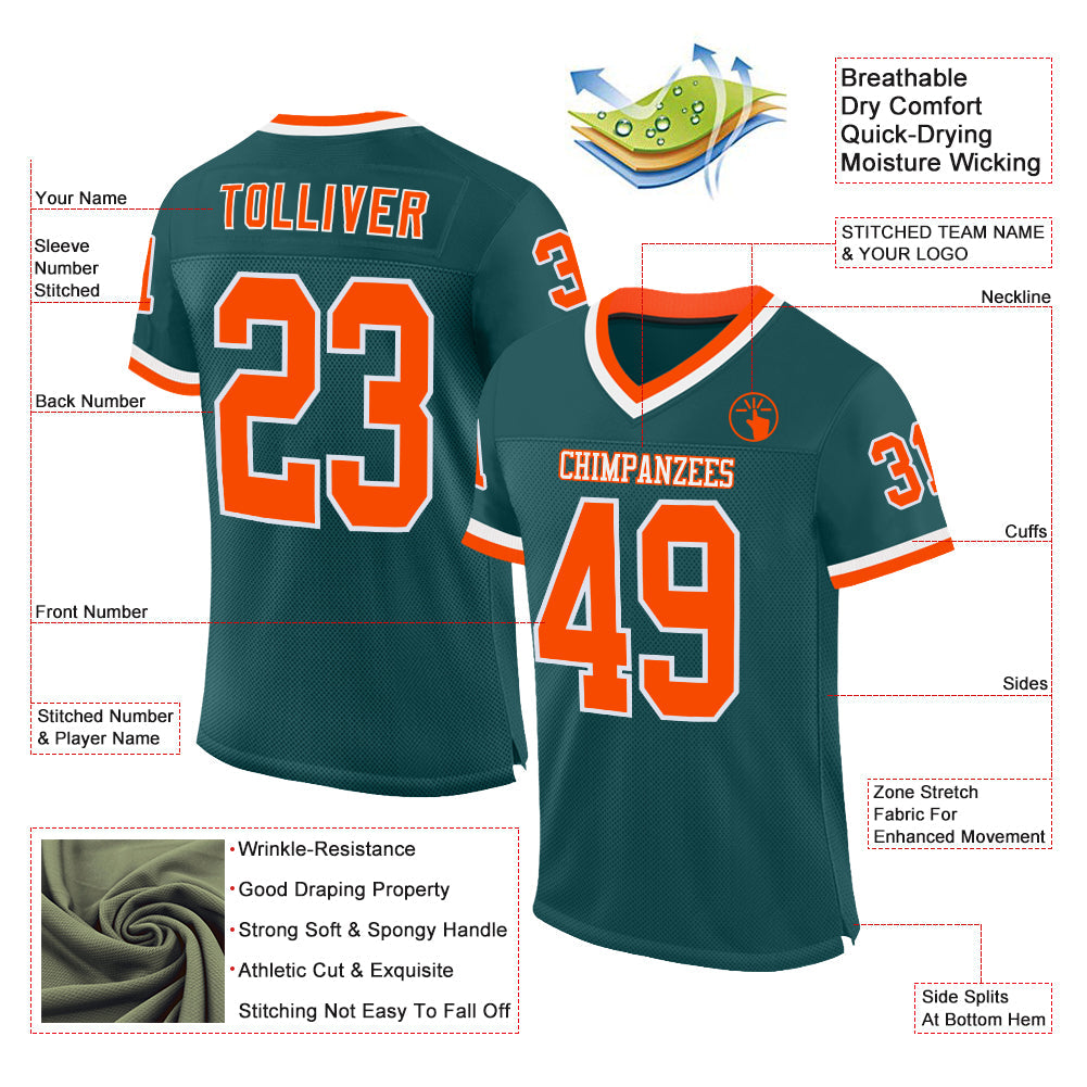Custom Midnight Green Orange-White Mesh Authentic Throwback Football Jersey view 2