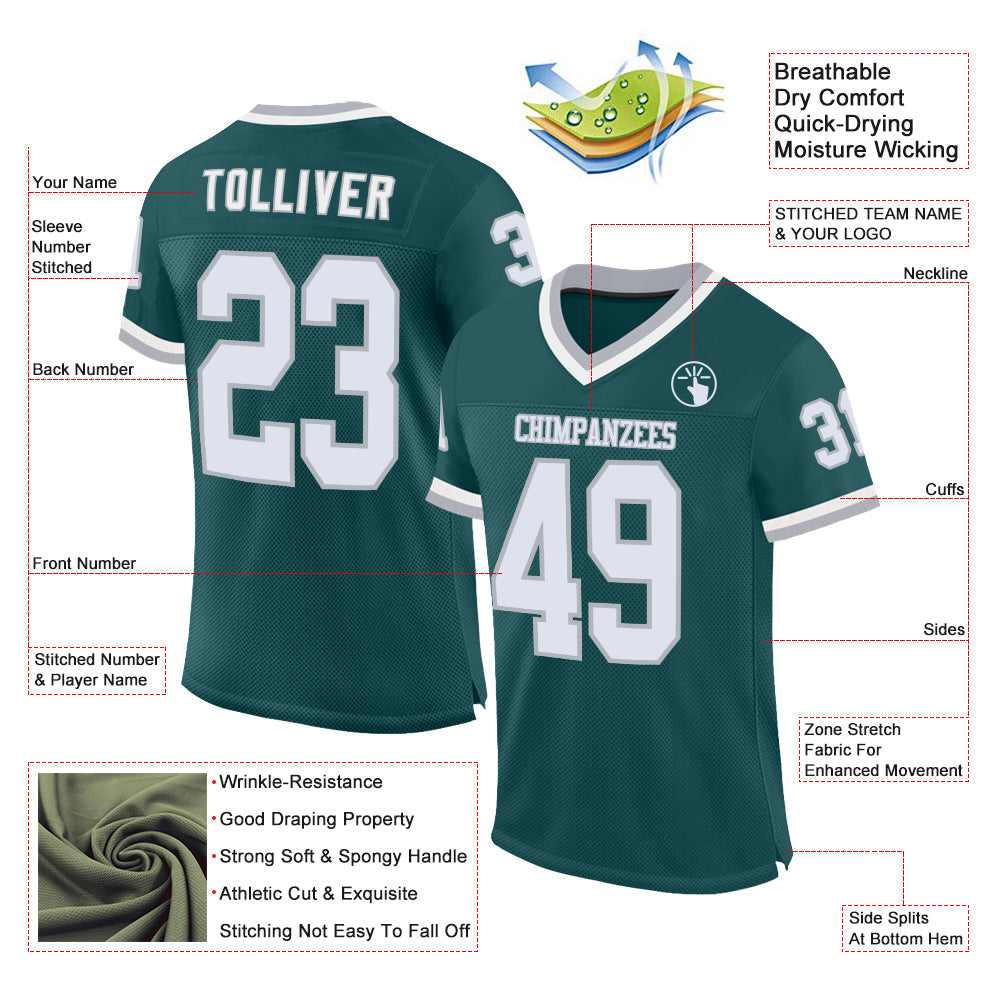Custom Midnight Green White-Gray Mesh Authentic Throwback Football Jersey view 2