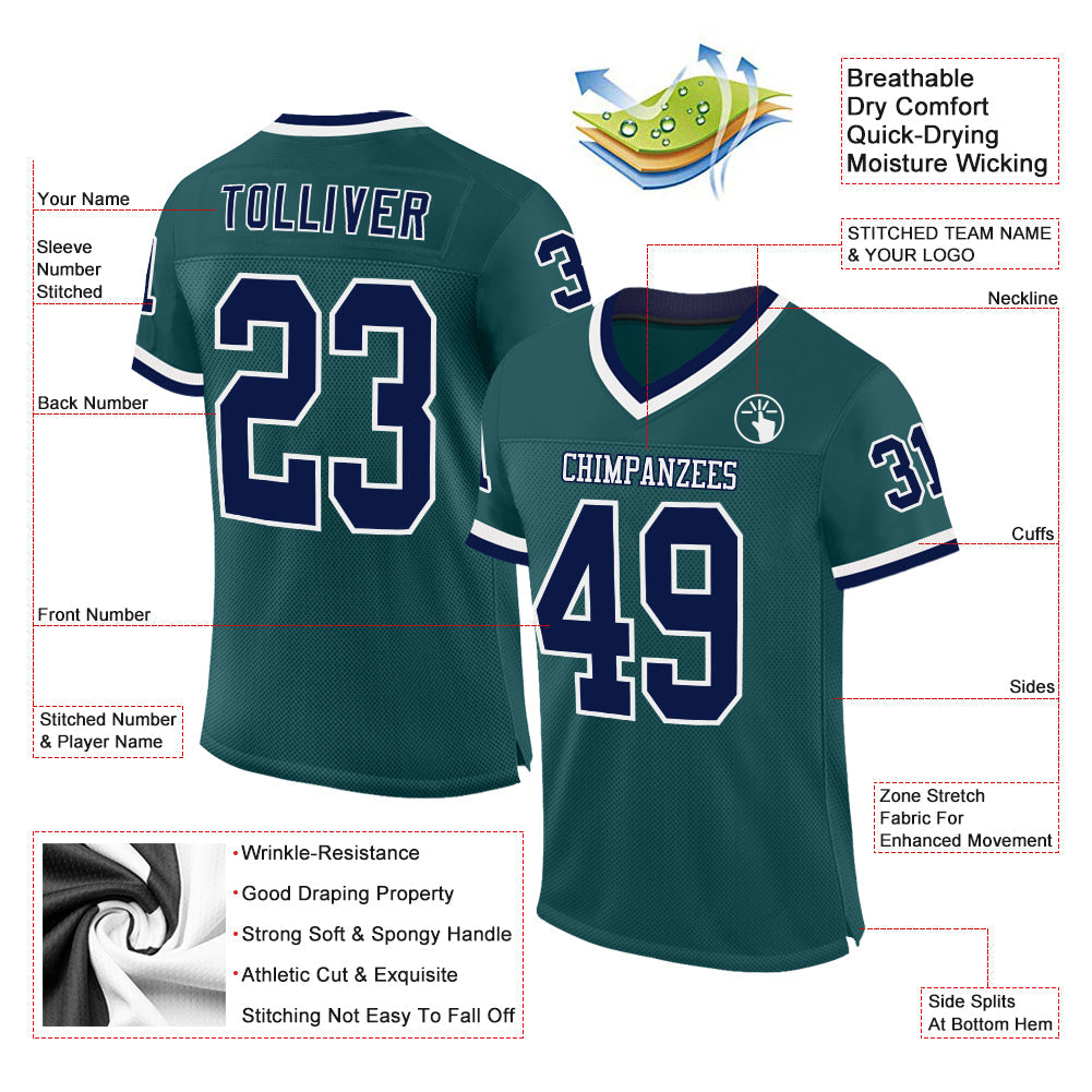 Custom Midnight Green Navy-White Mesh Authentic Throwback Football Jersey view 2