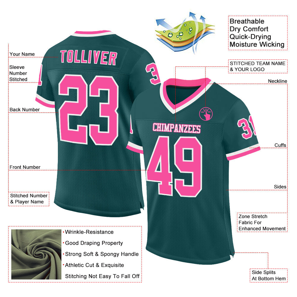Custom Midnight Green Pink-White Mesh Authentic Throwback Football Jersey view 2