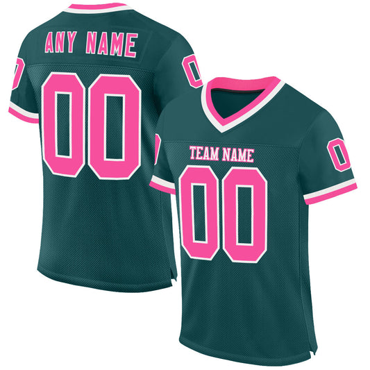 Custom Midnight Green Pink-White Mesh Authentic Throwback Football Jersey - Main View