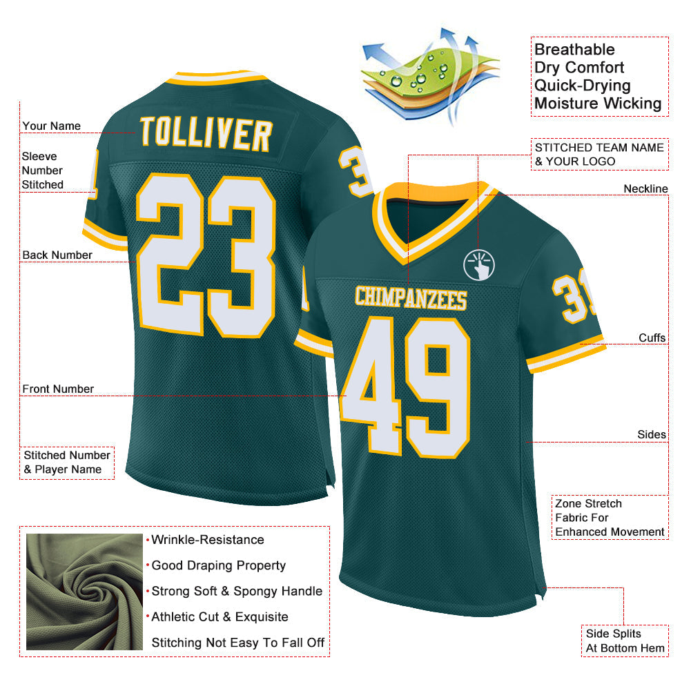 Custom Midnight Green White-Gold Mesh Authentic Throwback Football Jersey view 2