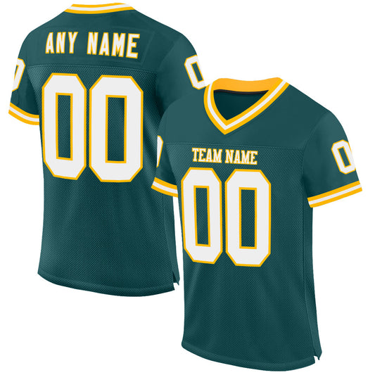Custom Midnight Green White-Gold Mesh Authentic Throwback Football Jersey - Main View