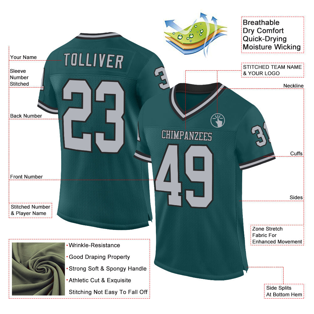 Custom Midnight Green Gray-Black Mesh Authentic Throwback Football Jersey view 2