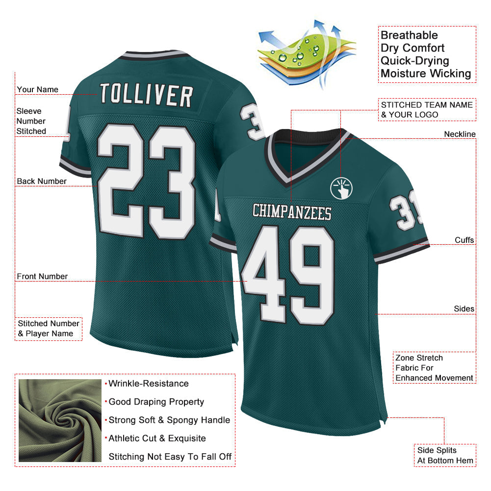 Custom Midnight Green Gray-Black Mesh Authentic Throwback Football Jersey view 2
