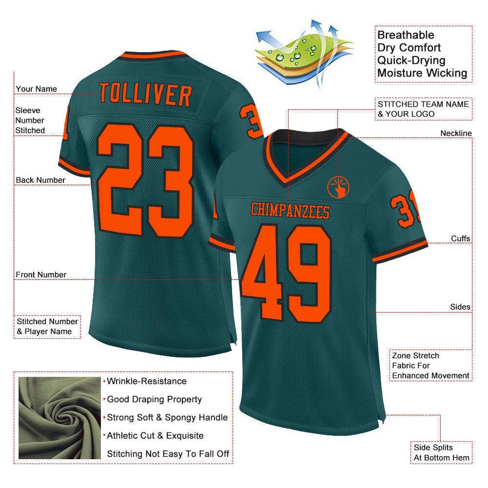 Custom Midnight Green Orange-Black Mesh Authentic Throwback Football Jersey view 2