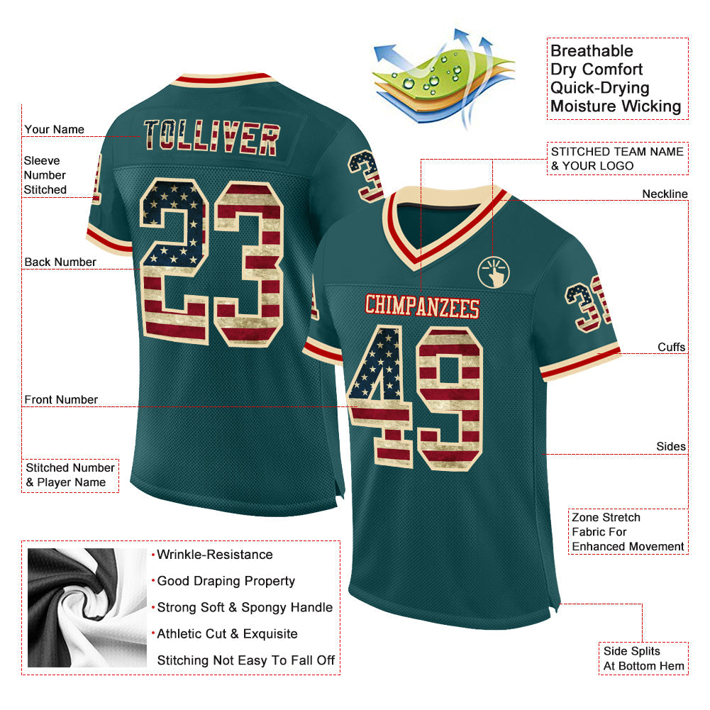Custom Midnight Green Vintage USA Flag Cream-Red Mesh Authentic Throwback Football Jersey view 2