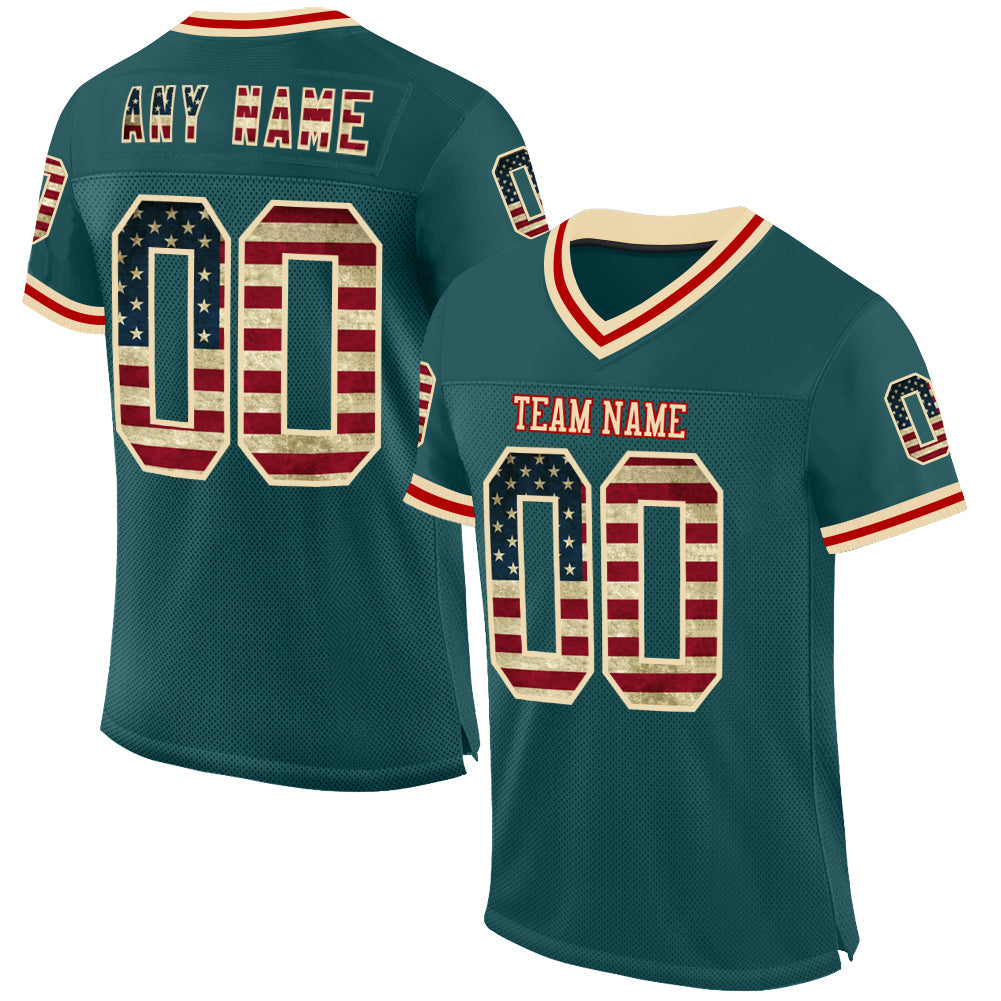 Custom Midnight Green Vintage USA Flag Cream-Red Mesh Authentic Throwback Football Jersey - Main View