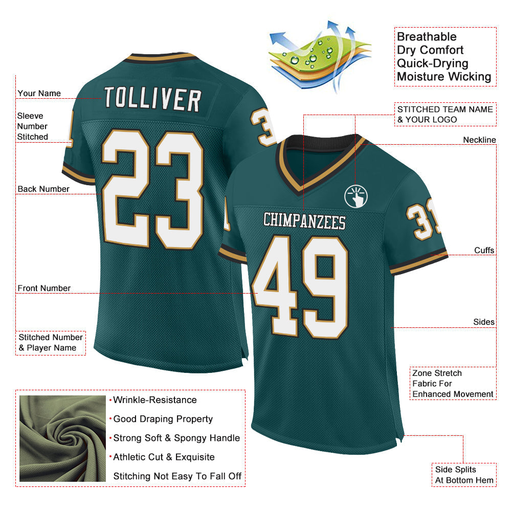 Custom Midnight Green Old Gold-Black Mesh Authentic Throwback Football Jersey view 2