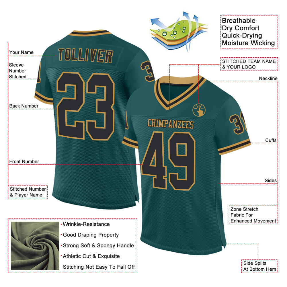Custom Midnight Green Black-Old Gold Mesh Authentic Throwback Football Jersey view 2