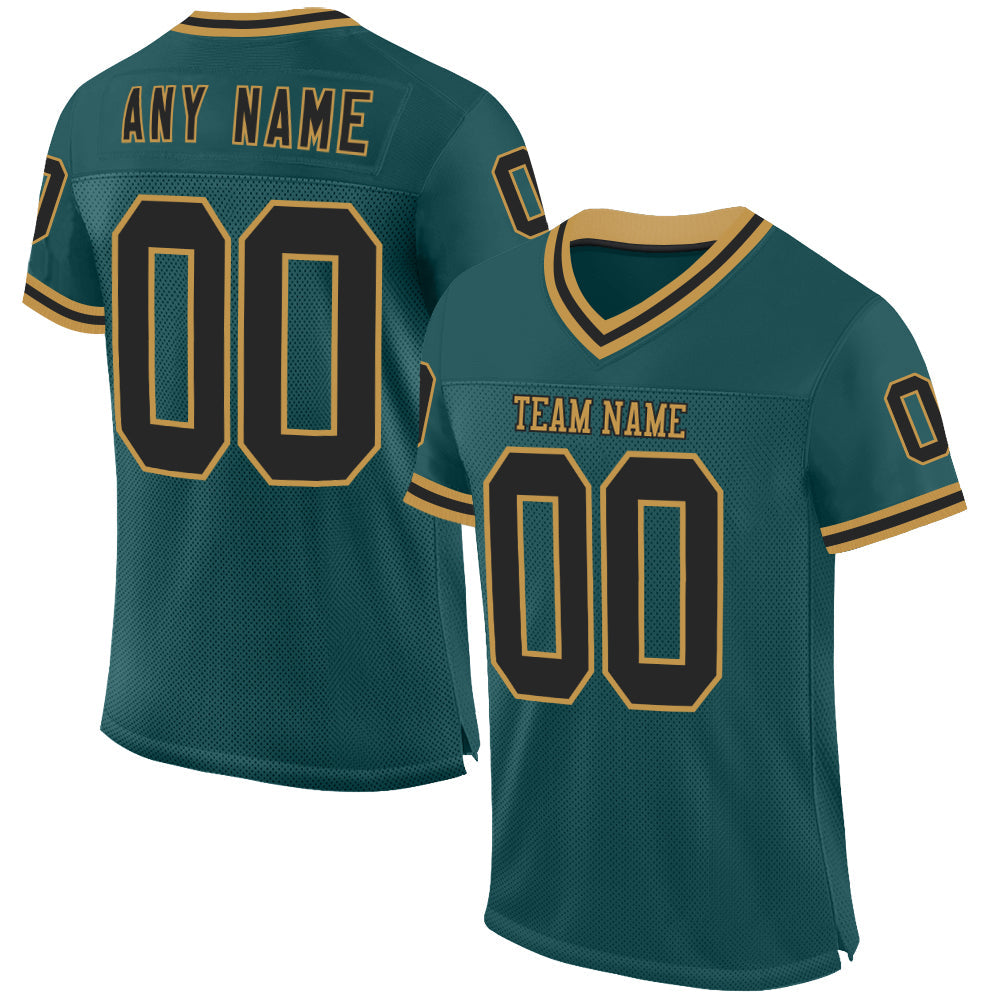 Custom Midnight Green Black-Old Gold Mesh Authentic Throwback Football Jersey - Main View