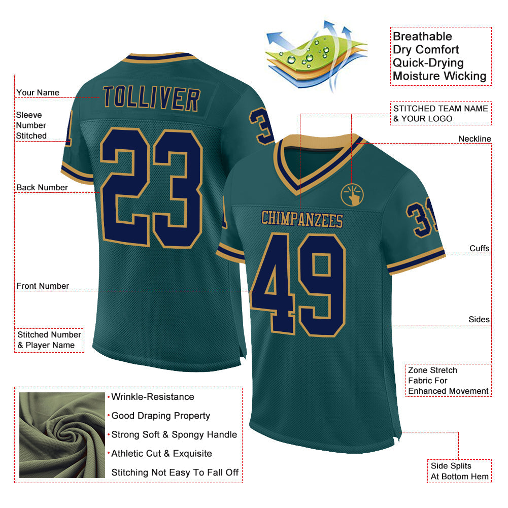 Custom Midnight Green Navy-Old Gold Mesh Authentic Throwback Football Jersey view 2