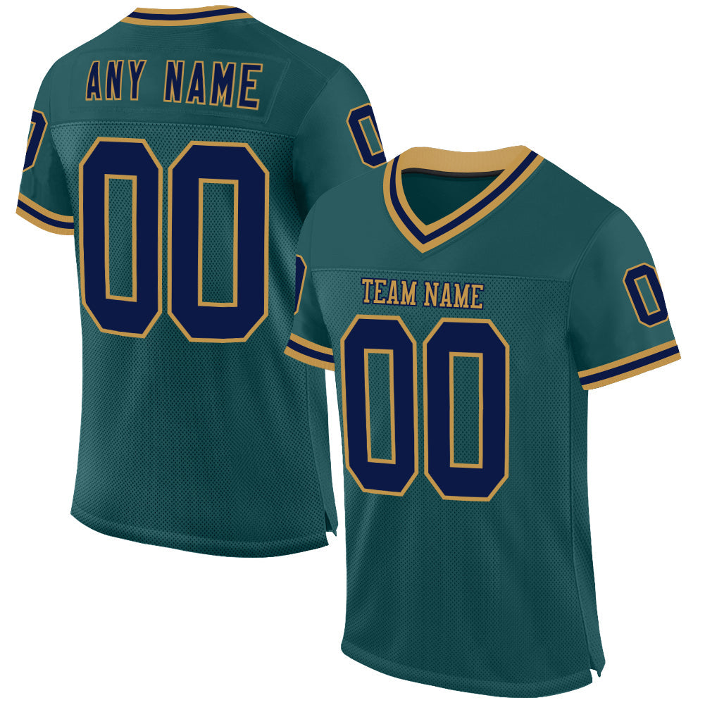 Custom Midnight Green Navy-Old Gold Mesh Authentic Throwback Football Jersey - Main View