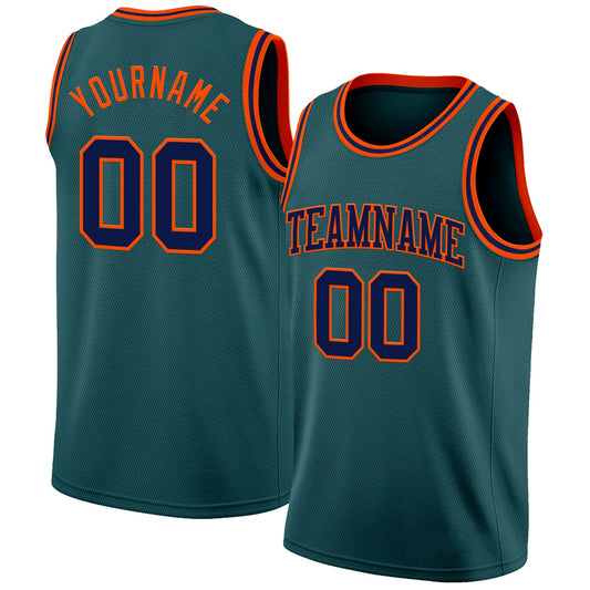 Custom Midnight Green Navy-Orange Authentic Basketball Jersey - Main View