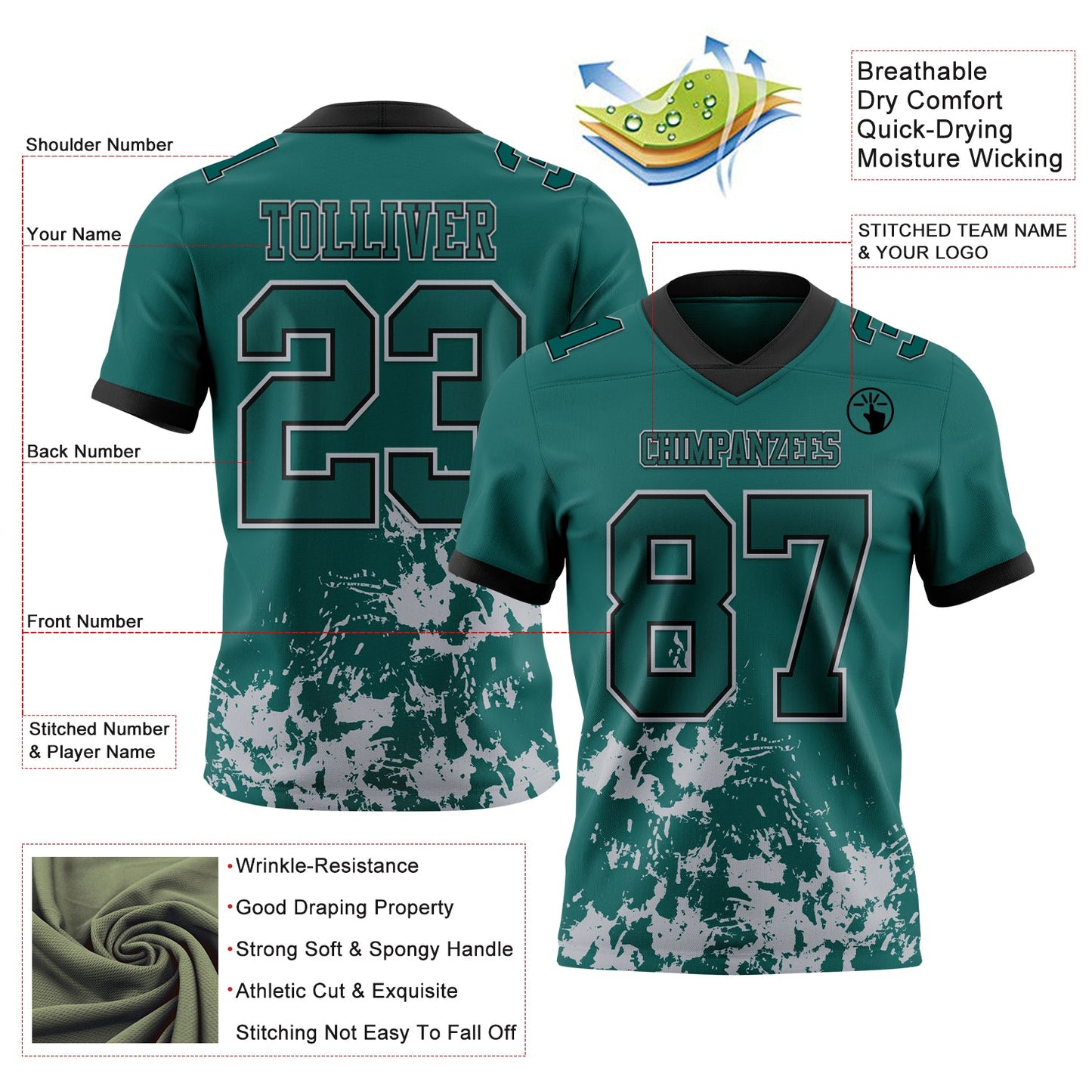 Custom Midnight Green Gray-Black 3D Pattern Splash Authentic Football Jersey view 3