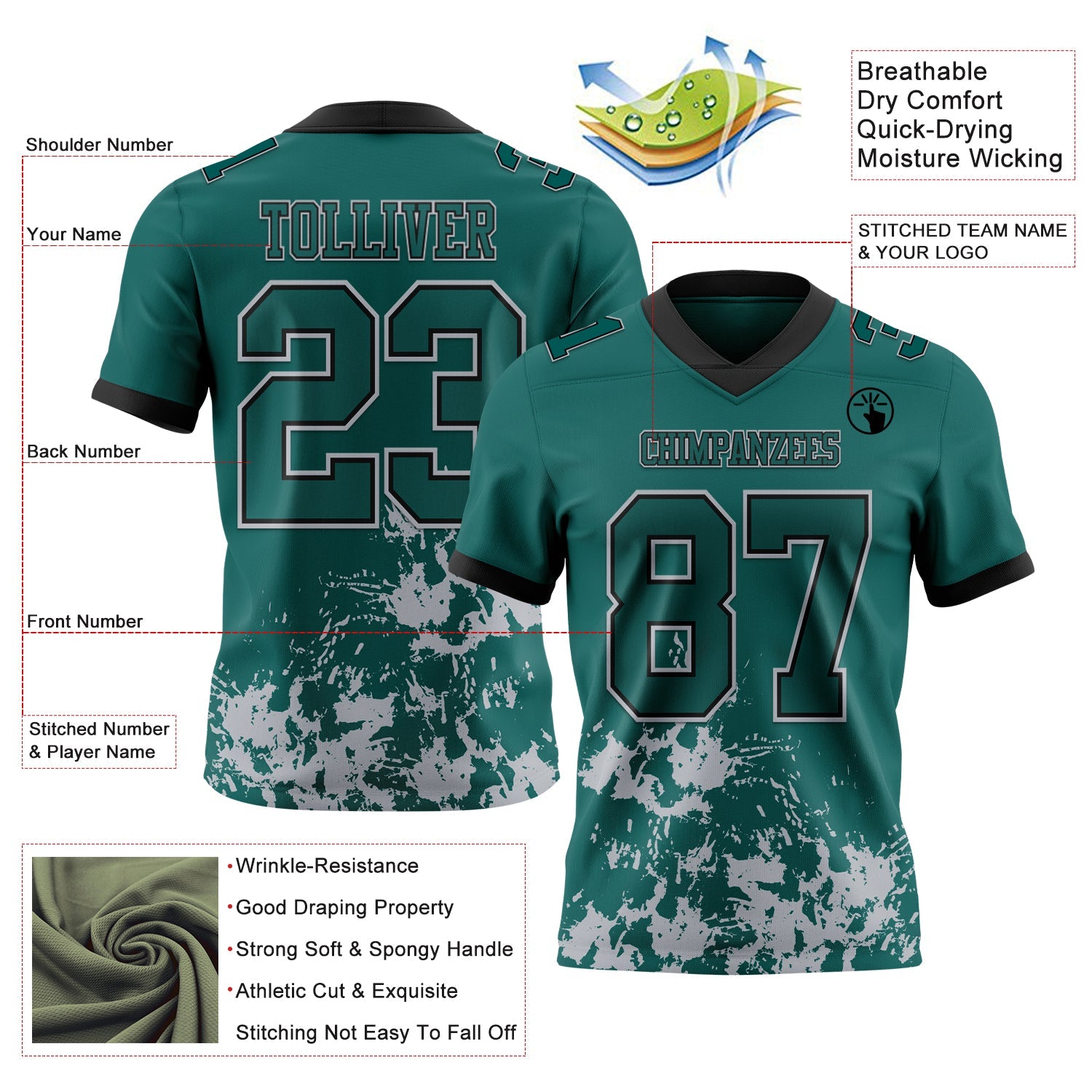 Custom Midnight Green Gray-Black 3D Pattern Splash Authentic Football Jersey view 3