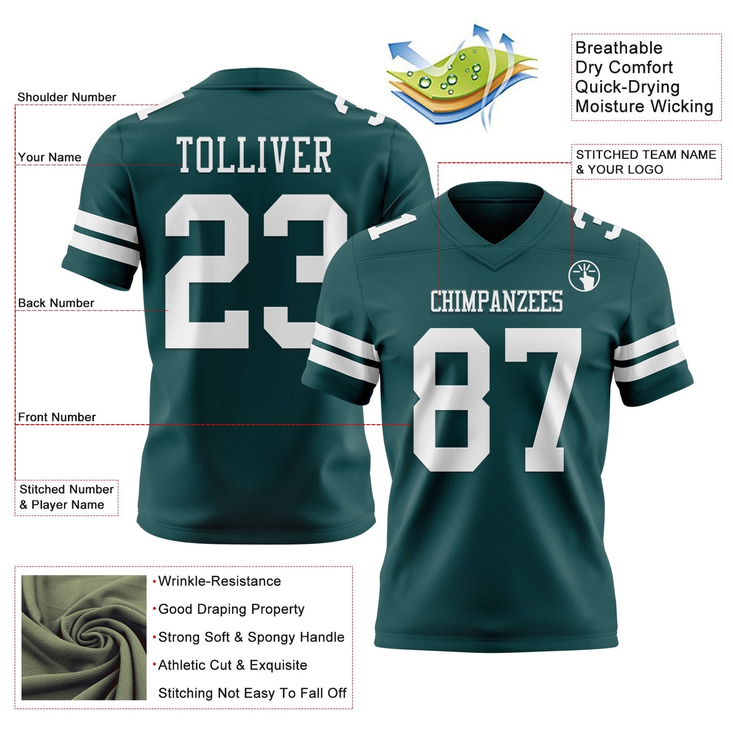 Custom Midnight Green White Authentic Football Jersey view 3