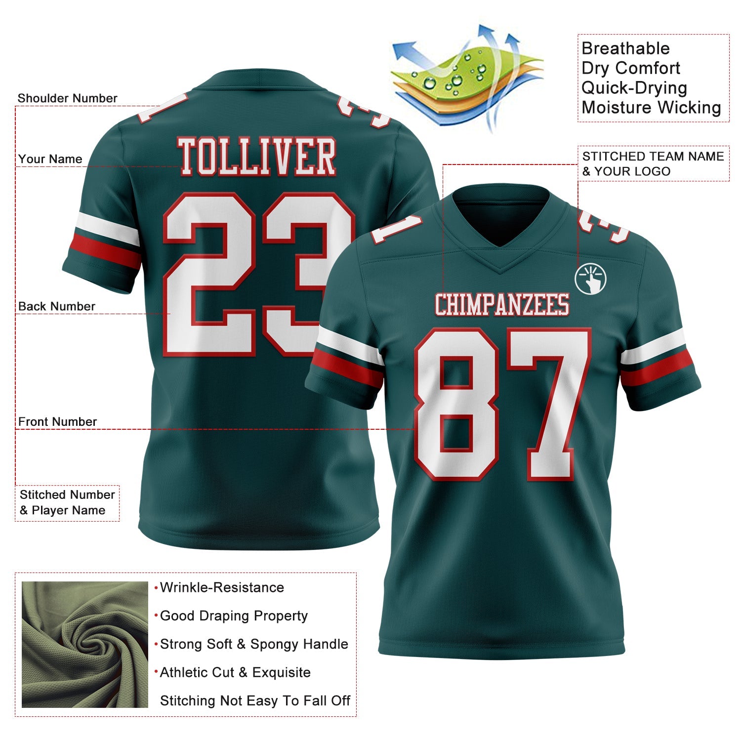 Custom Midnight Green White-Red Authentic Football Jersey view 3