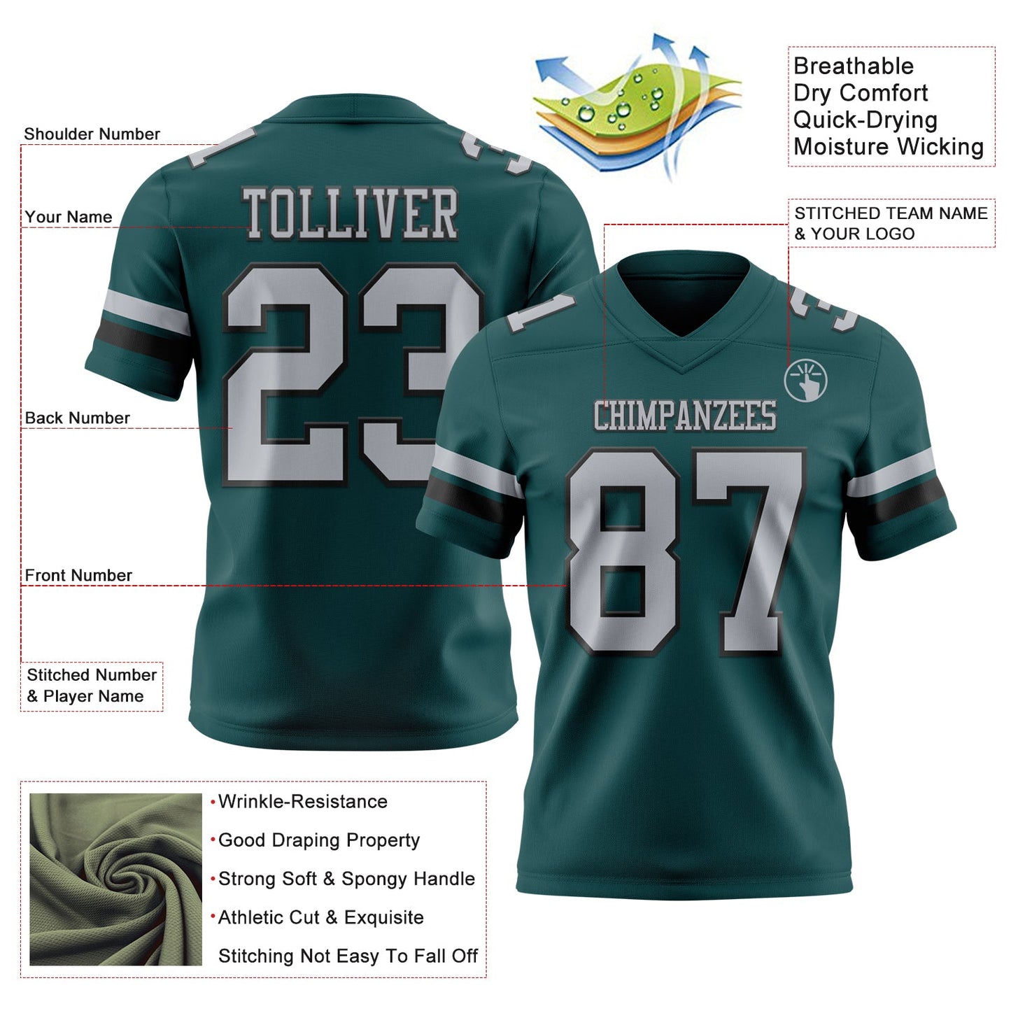 Custom Midnight Green Gray-Black Authentic Football Jersey view 3