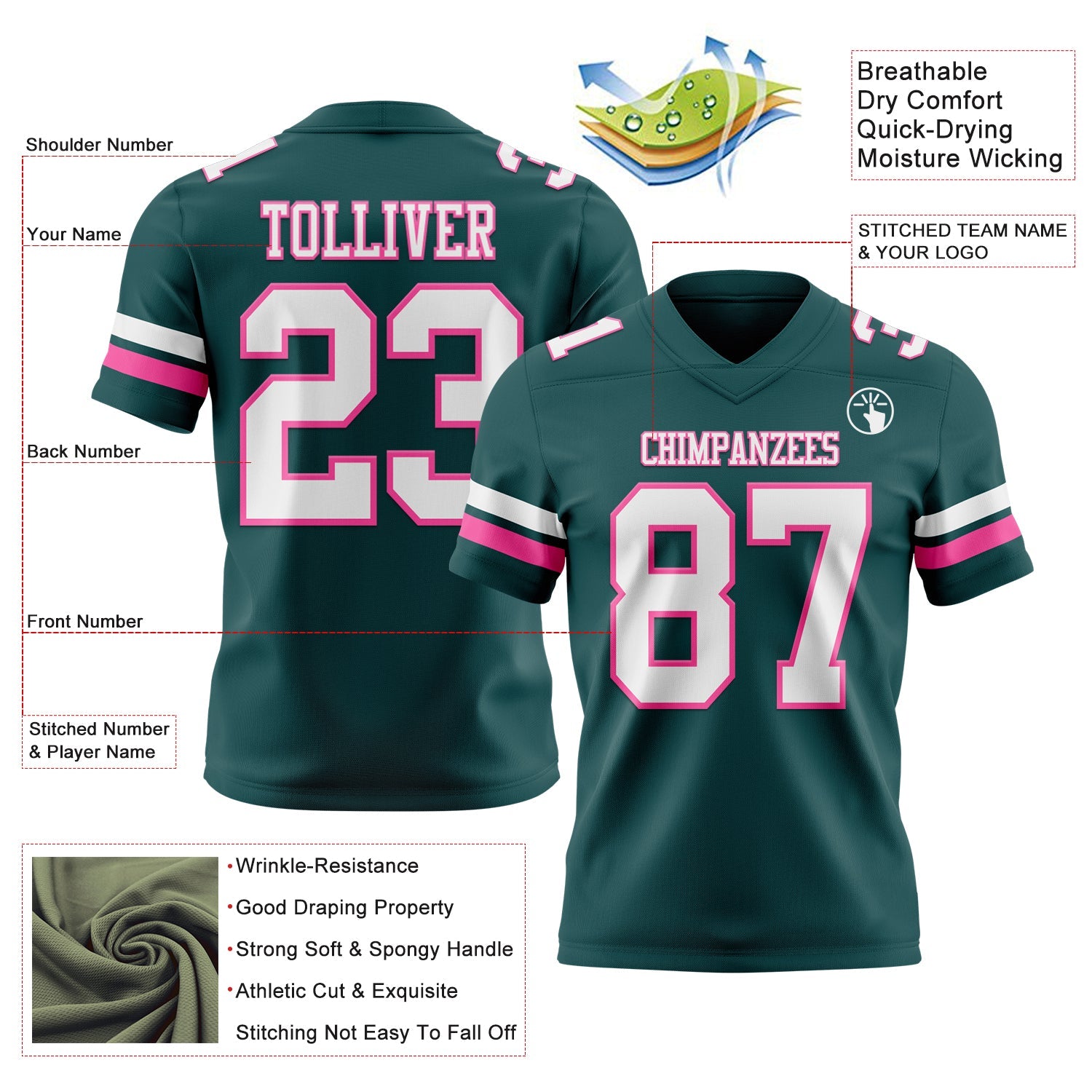 Custom Midnight Green White-Pink Authentic Football Jersey view 3