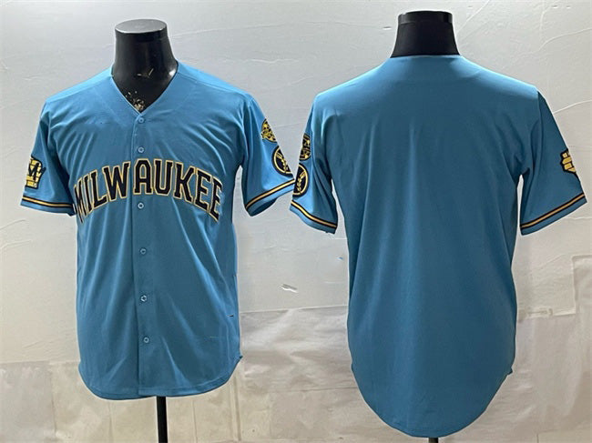 Milwaukee Brewers Blank Blue With Home & Bob Uecker Patch Stitched Baseball Jersey - Main View
