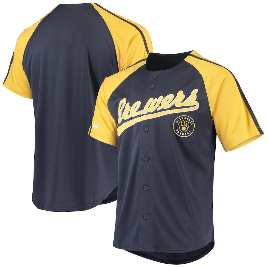 Milwaukee Brewers Navy Stitches Button-Down Raglan Replica Jersey Baseball Jersey - Main View