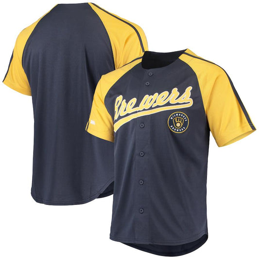 Milwaukee Brewers Navy Stitches Button-Down Raglan Replica Jersey Baseball Jersey - Main View