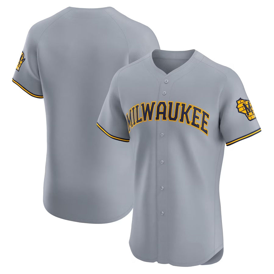 Milwaukee Brewers Road Vapor Premier Elite Patch Jersey - Gray Stitched Baseball Jersey - Main View
