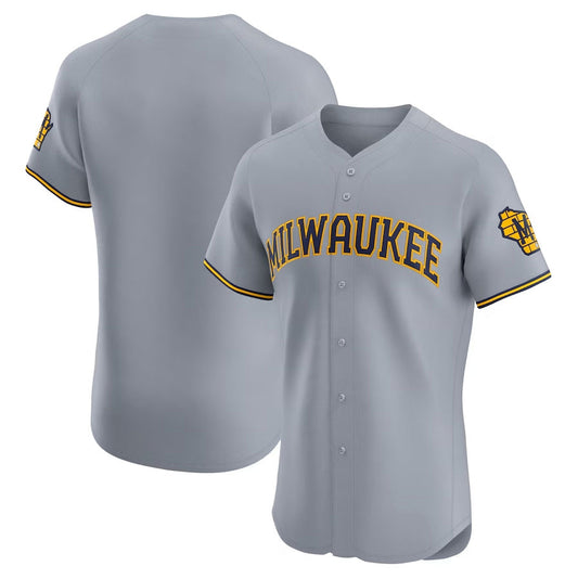 Milwaukee Brewers Road Vapor Premier Elite Patch Jersey - Gray Stitched Baseball Jersey - Main View