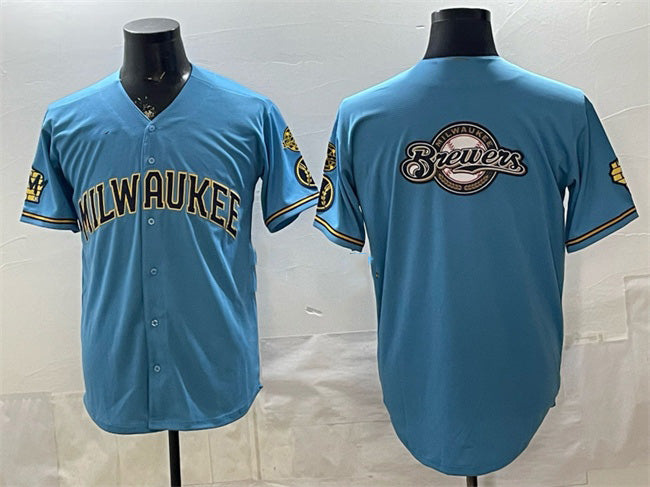 Milwaukee Brewers Team Big Logo Blue With Home & Bob Uecker Patch Stitched Baseball Jersey - Main View