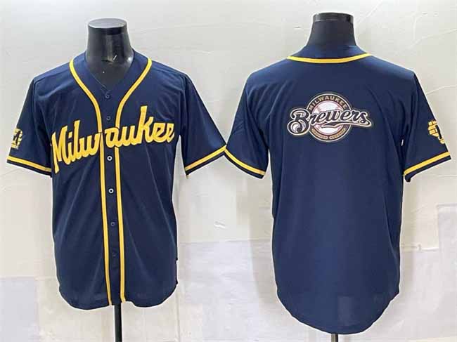 Milwaukee Brewers Team Big Logo Navy 2025 With Patch Stitched Baseball Jersey - Main View