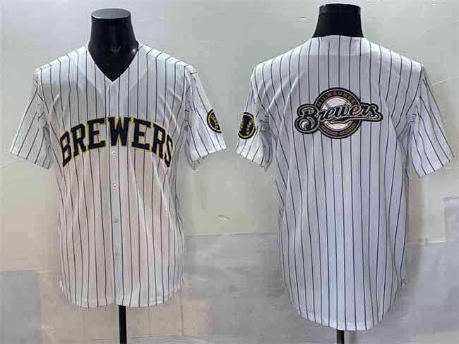 Milwaukee Brewers Team Big Logo White Pinstripe 2025 With Patch Stitched Baseball Jersey - Main View