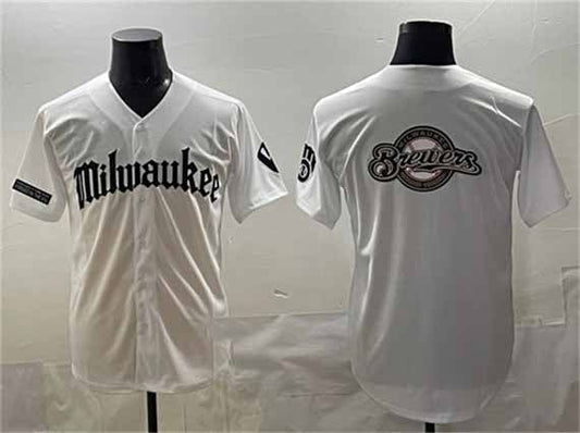 Milwaukee Brewers Team Big Logo White 'Gothic 414 Shadows Edition' Vapor Premier Limited Stitched Baseball Jersey - Main View