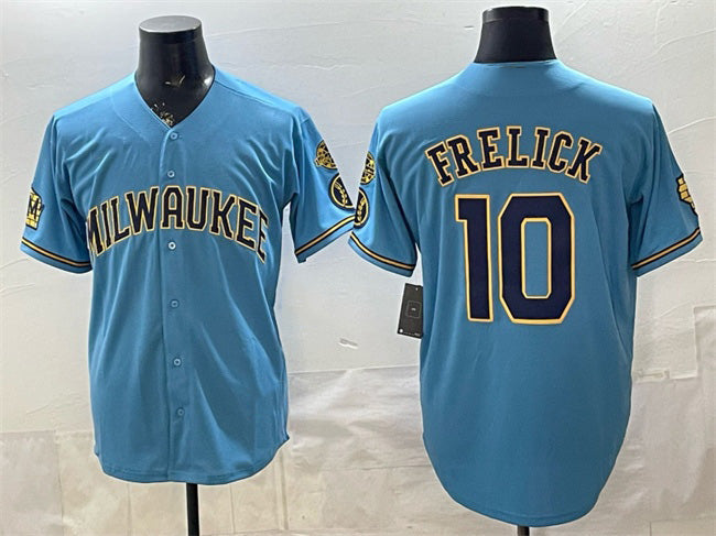 Milwaukee Brewers #10 Sal Frelick Blue With Home & Bob Uecker Patch Stitched Baseball Jersey - Main View
