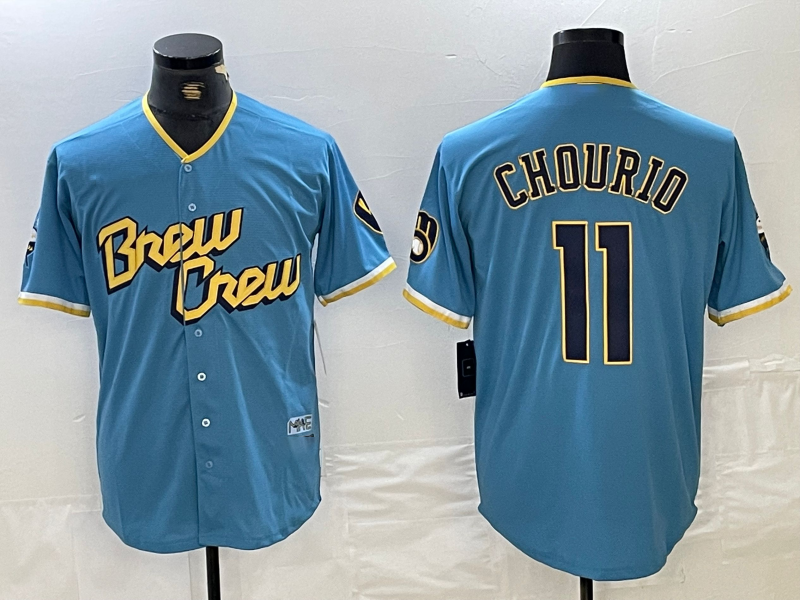 Milwaukee Brewers #11 Jackson Chourio Blue 2022 City Connect Cool Base Stitched Baseball Jerseys - Main View