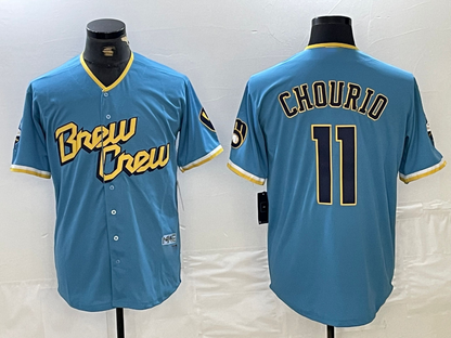 Milwaukee Brewers #11 Jackson Chourio Blue 2022 City Connect Cool Base Stitched Baseball Jerseys - Main View